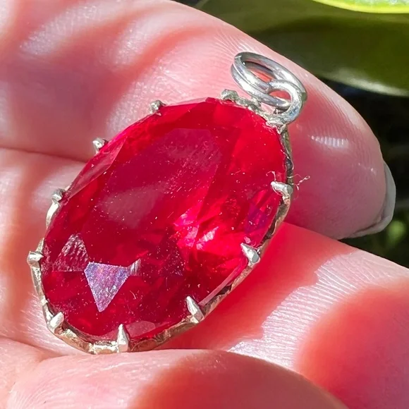VINTAGE RUBY RED PASTE USSR SOVIET RUSSIAN PENDANT 875 STERLING SILVER STAMPED